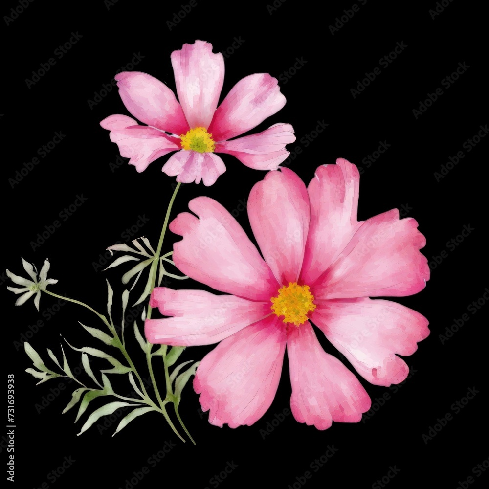 AI generated illustration of beautiful watercolor pink flowers on a black background