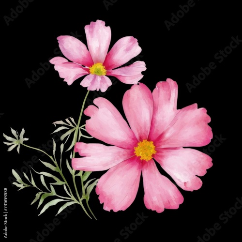 AI generated illustration of beautiful watercolor pink flowers on a black background