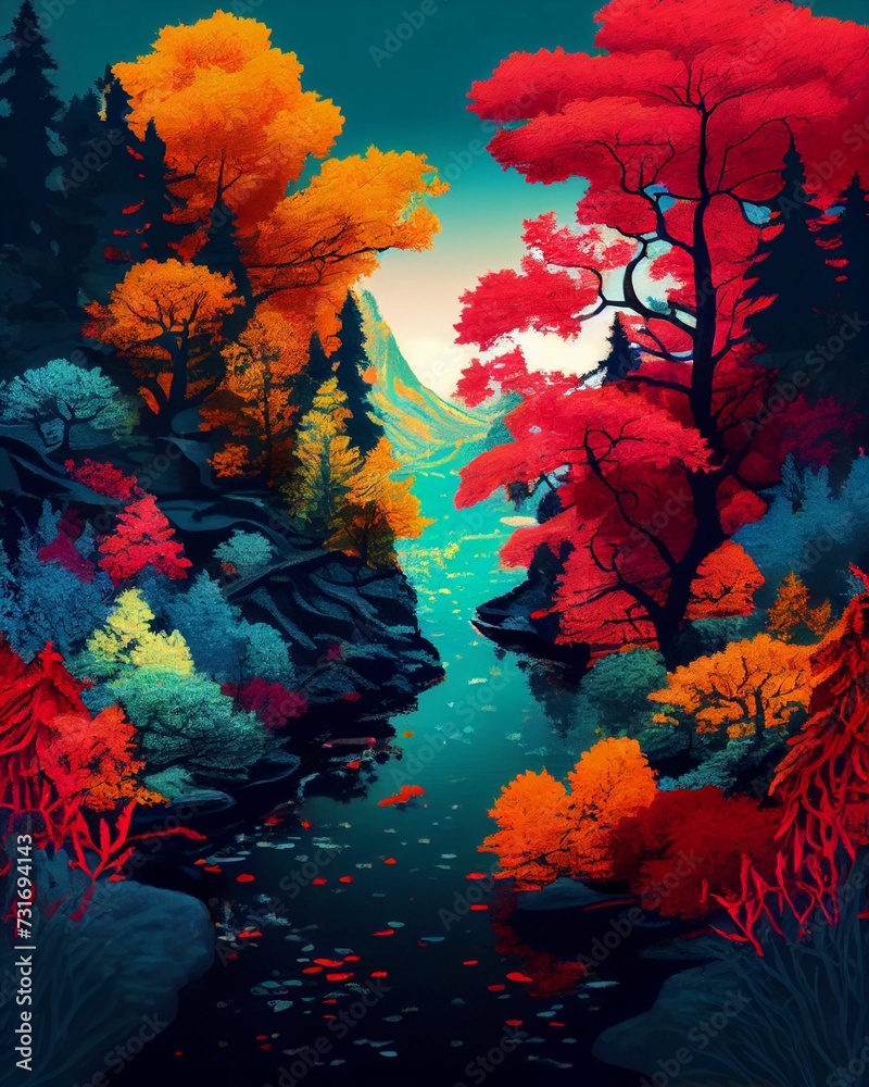 AI generated illustration of a vibrant forest with colorful trees and a ...