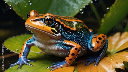 AI-generated illustration of a vibrant blue and orange colored frog perched on a large green leaf