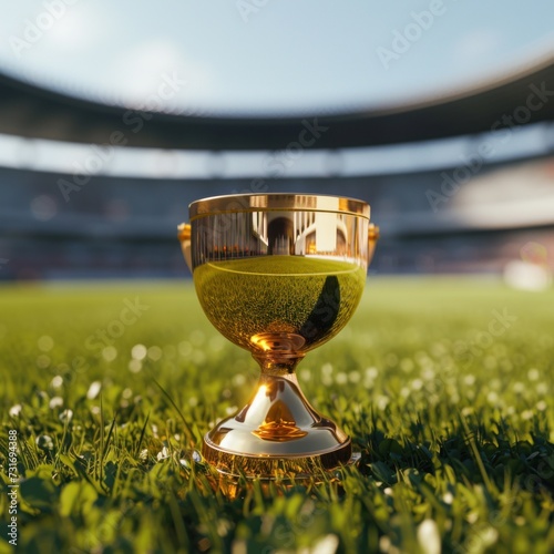 Golden trophy winner cup on stadium grass