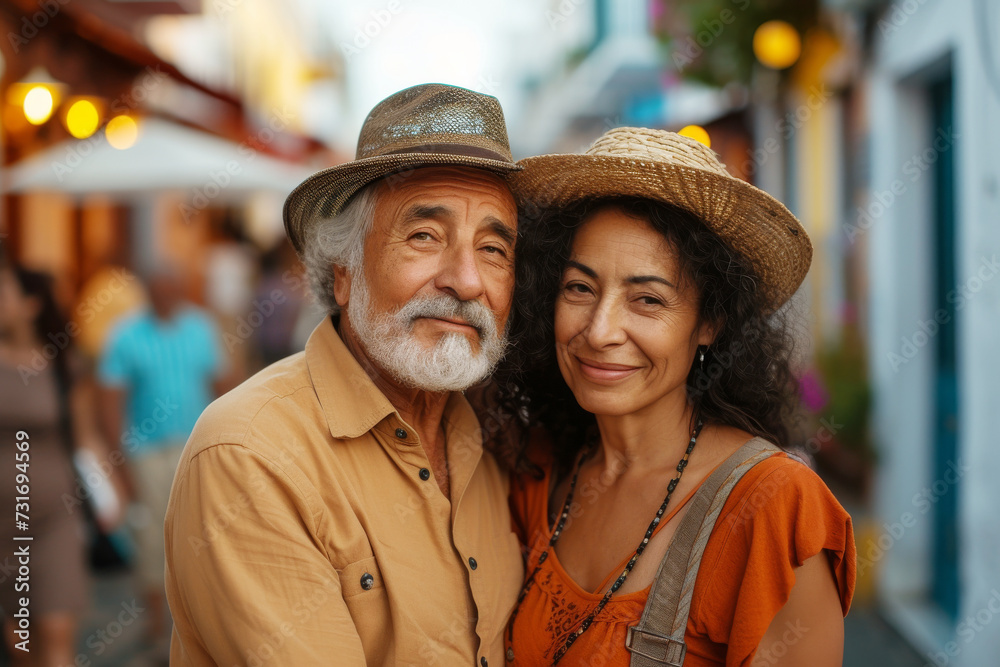 Portrait of a middle age couple on a city street, concept of love and happiness in maturity