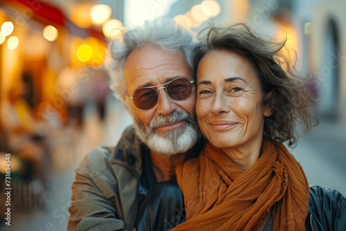 Portrait of a middle age couple on a city street, concept of love and happiness in maturity