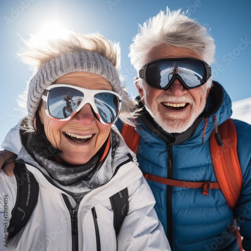 Active senior couple cycling in mountains on sunny morning, realistic beauty of the moment