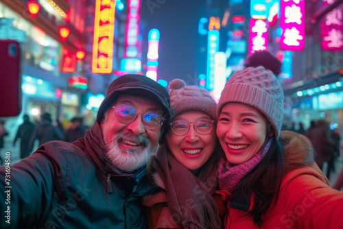 Middle-aged family takes selfie against the backdrop of a city street illuminated with neon lights