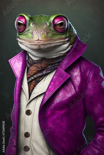 AI generated illustration of a vibrant green frog wearing a royal purple jacket and matching scarf