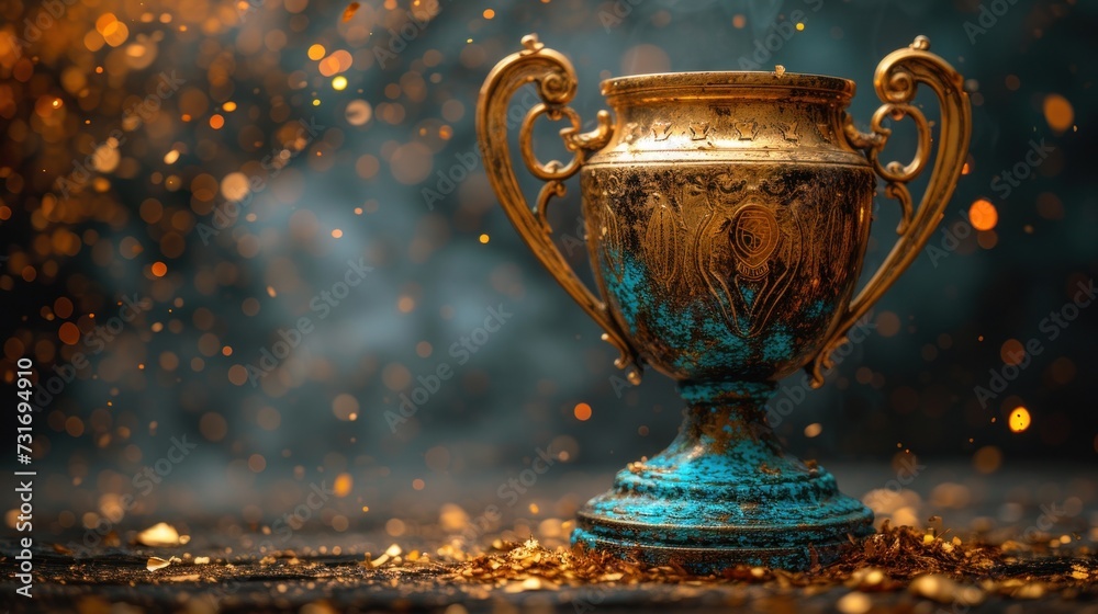 Golden trophy winner cup blurred background of sports ground hall Golden trophy winner cup blurred background of sports ground hall