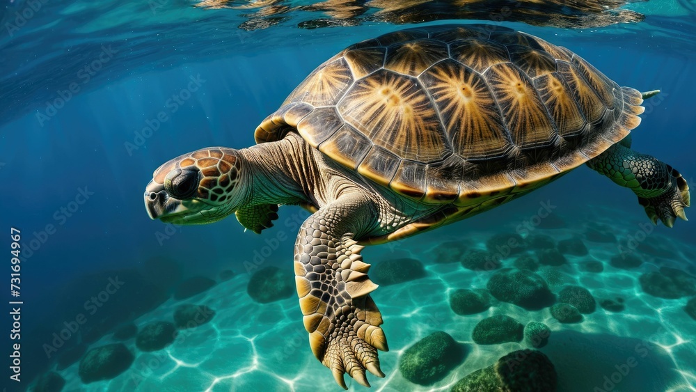 Obraz premium AI generated illustration of a sea turtle gracefully gliding through the crystal-clear blue waters