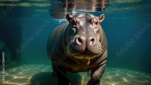 AI generated illustration of a hippopotamus, submerged in a pond