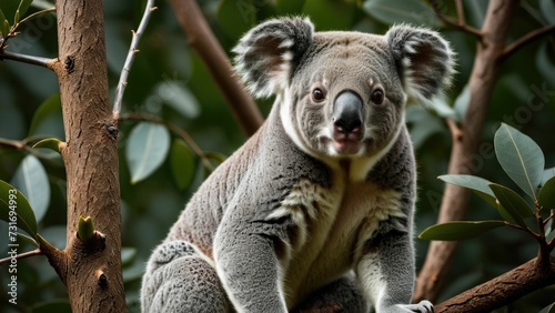 AI generated illustration of a cute koala perched on a branch in a lush, green forest