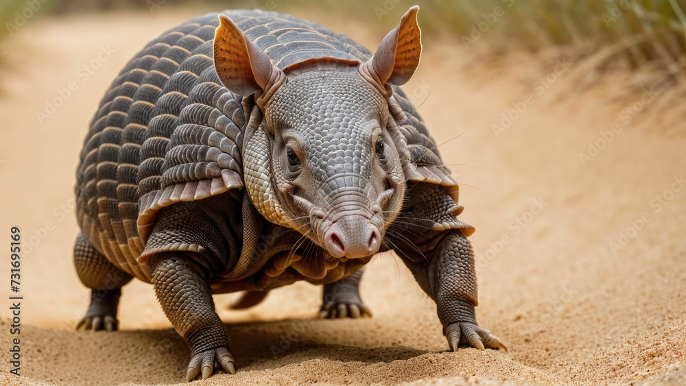 Obraz premium AI generated illustration of a large armadillo ambling across a sandy landscape