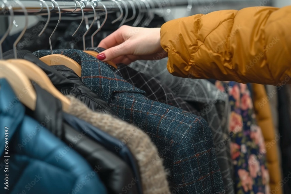 Wardrobe refresh Woman takes jacket from rack, dry cleaning service closeup