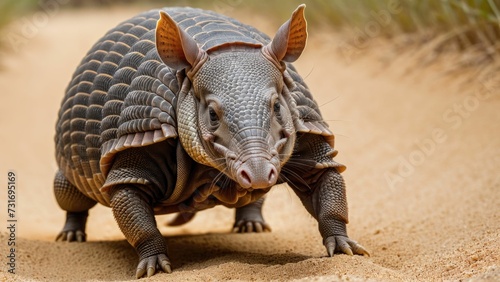 AI generated illustration of a large armadillo ambling across a sandy landscape