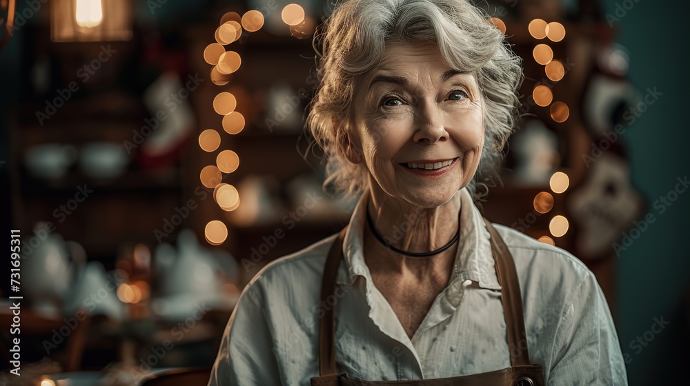 portrait of a person in a restaurant. elderly woman chef wearing white shirt and apron at american dining room, holiday party, night scene, blurred backgrounds with bokeh light