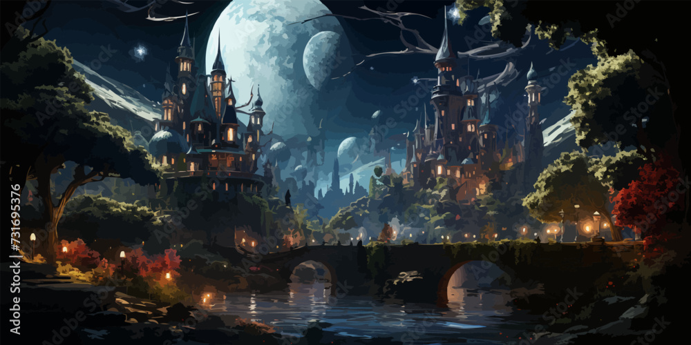 fantasy city,fairy town with big trees,landscape illustration