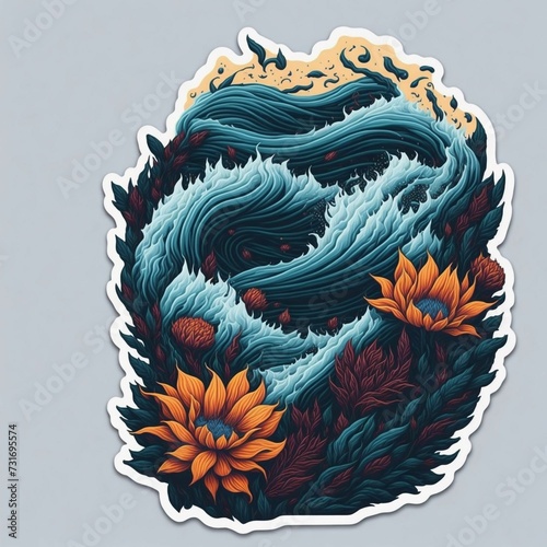 AI generated illustration of beautiful sea waves with blooming flowers in the shape of a sticker