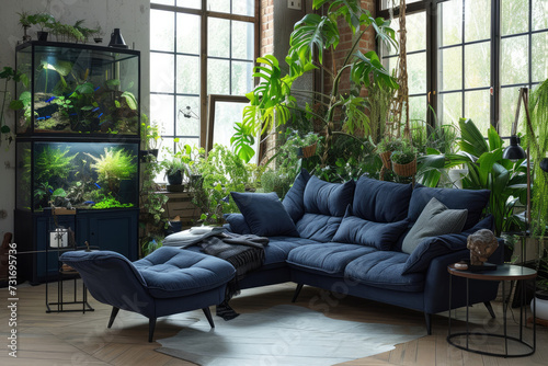 Dark blue sofa and recliner chair in scandinavian apartment. Interior design of modern living room with many tropical plants and a aquatic aquarium