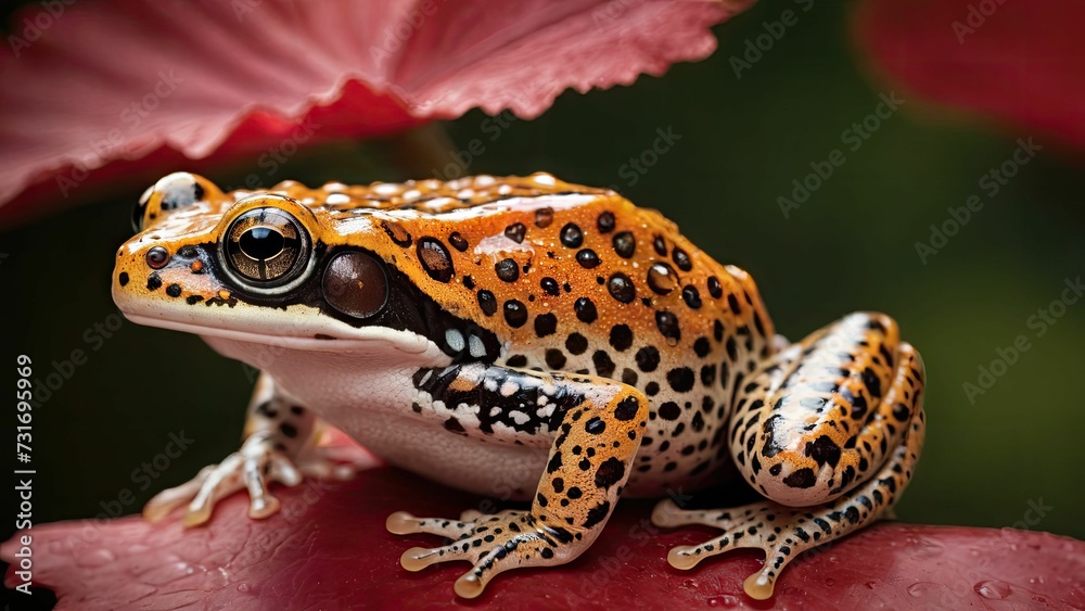 AI generated illustration of an orange frog perched atop a vibrant red flower
