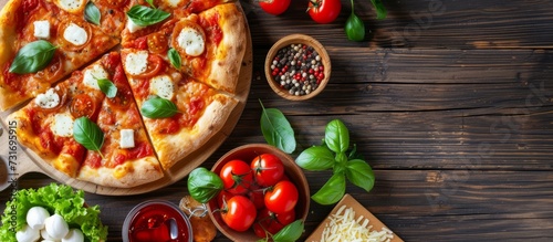 Delicious homemade Italian food, including Margherita pizza, on a wooden table with ingredients like tomatoes, salad, cheese, mozzarella, and basil. photo