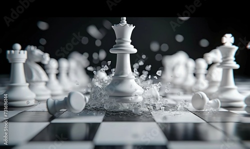 3d animation  chess game battle  white king chess piece jumps down  aggressive attack  all pawns fall down. Successful strategy  champion metaphor  leadership  Generative AI