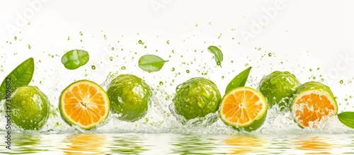 Citrus fruits like limes, oranges, lemons, and Rangpur are playfully splashing in the water, creating a refreshing scene.