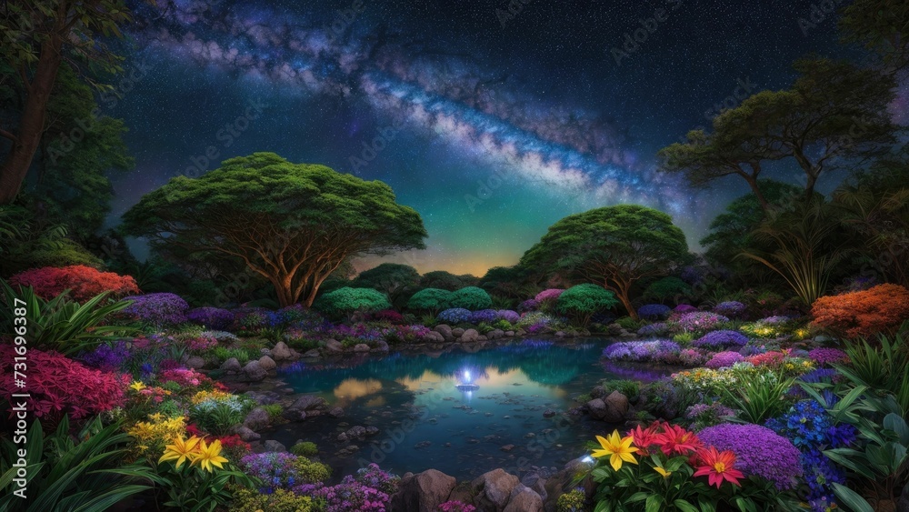 AI generated illustration of a fantasy oasis under the starry night sky
