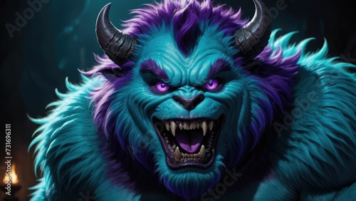 AI generated illustration of a menacing creature with blue skin, two horns and purple eyes © Wirestock