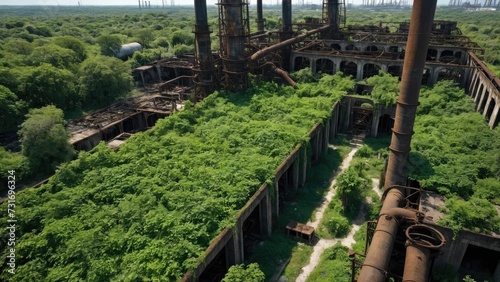 AI generated illustration of an abandoned factory overgrown with green trees