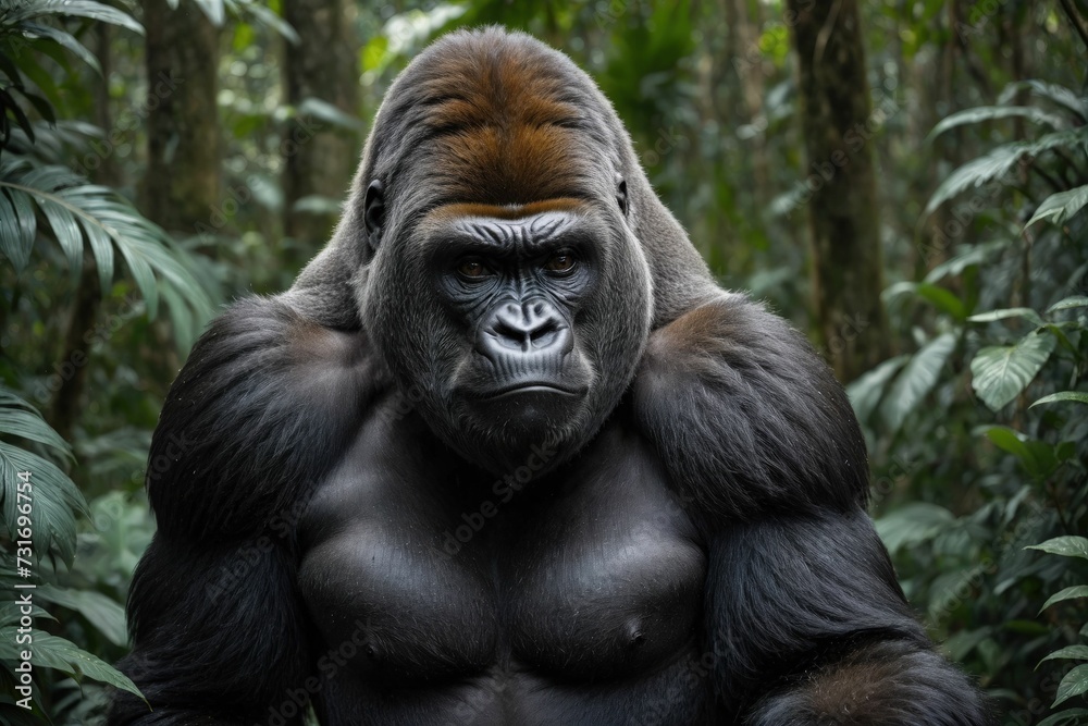 AI generated illustration of a majestic gorilla  standing in a tranquil grassy field
