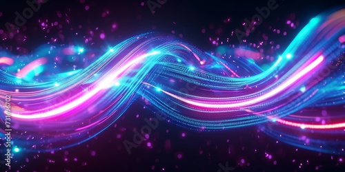 3d render, abstract background with pink blue glowing neon lines and bokeh lights. Data transfer concept. Digital wallpaper, Generative AI