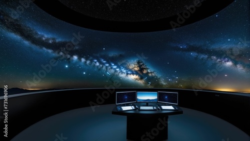Modern computer desk with three monitors in front of a backdrop of stars, AI-generated.