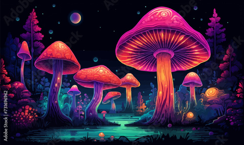Fantasy Landscape with Neon Mushrooms isolated vector style illustration