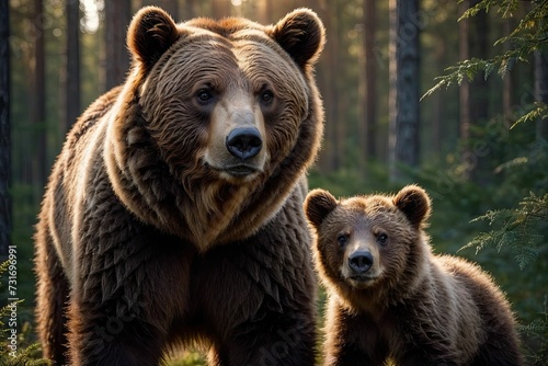 two brown bears are standing in the woods, one of them is looking up at