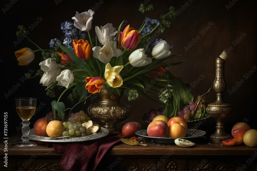 AI-generated illustration of a still life of fresh flowers and ripe fruits on a wooden table.