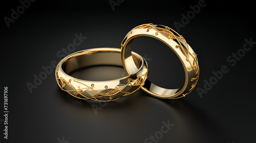 Two Gold Wedding Rings On A Black Background, Wedding rings set, Gift and Wedding concept, AI generated