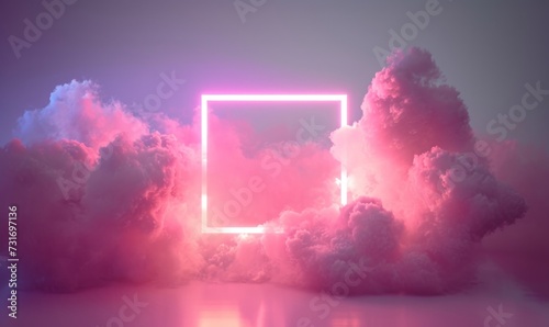 3d rendering, abstract minimalist background of pastel cloud and blank linear square frame glowing with neon light, simple geometric wallpaper, Generative AI
