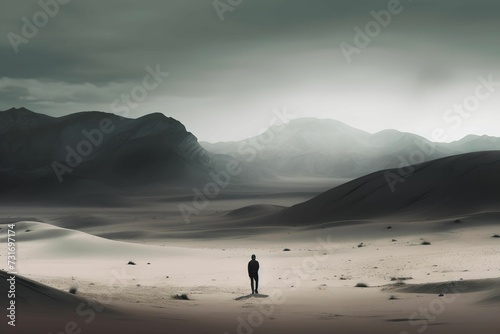 AI generated illustration of a man standing in a desert landscape, looking off into the distance