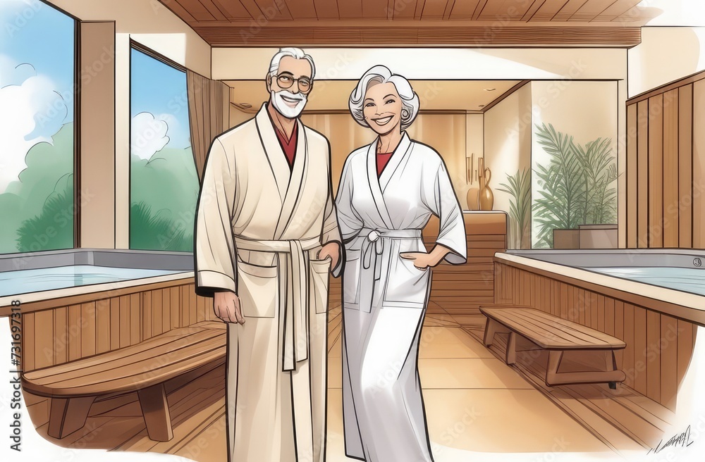 60-year-old european man in white silk dressing gown and 60-year-old european woman in a beige silk dressing gown, exuding happiness and vitality, stands against the background of a modern spa salon