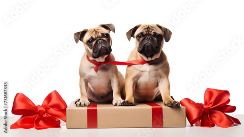 Two Pug dog lying on white background with grey gift celebration box with red ribbon, Gift and Valentin Day concept, AI generated © Iqra Iltaf