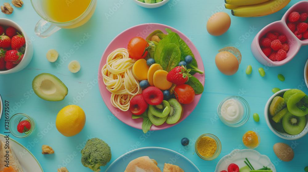 gesunde Lebensmittel auf einem Tisch angerichtet von oben in der Draufsicht mit Platzhalter für Text Werbung Marketing für Fitnessernährung Nahrungsmittel Generative AI gesunde Lebensmittel auf einem Tisch angerichtet von oben in der Draufsicht mit Platzhalter für Text Werbung Marketing für Fitnessernährung Nahrungsmittel Generative AI