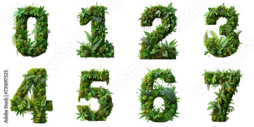 Numbers 0-7 made of the vibrant green ecosystem of moss, ferns, and monstera plants. photo