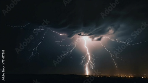 AI generated illustration of dramatic night sky illuminated by a streak of intense lightning bolt