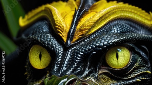 An AI illustration of a close up view of some black and yellow birds eyes