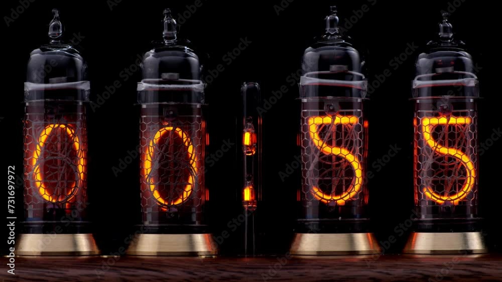 One-minute countdown. Retro vacuum tube display on the vintage lamp ...