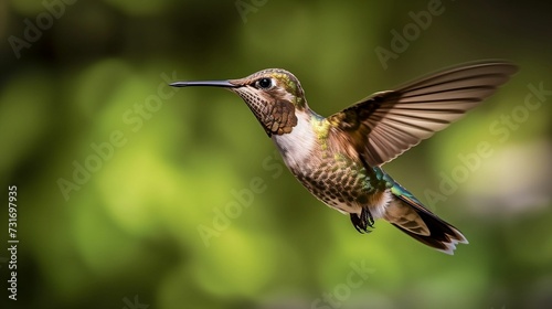 AI generated illustration of vibrant hummingbird pictured in mid-flight with its wings outstretched