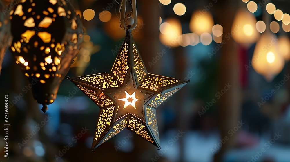 Islamic concept Decoration white star with traditional lantern
