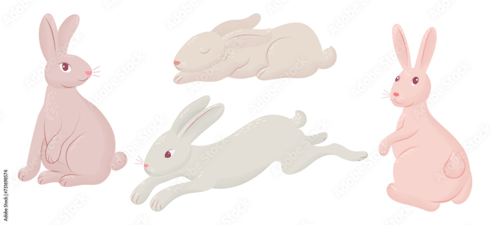 Set of cartoon bunnies or rabbits. Running hare, sitting, sleeping. Watercolor. Printing on children's T-shirts, greeting cards, posters. Hand drawn vector illustration on white background Set of cartoon bunnies or rabbits. Running hare, sitting, sleeping. Watercolor. Printing on children's T-shirts, greeting cards, posters. Hand drawn vector illustration on white background