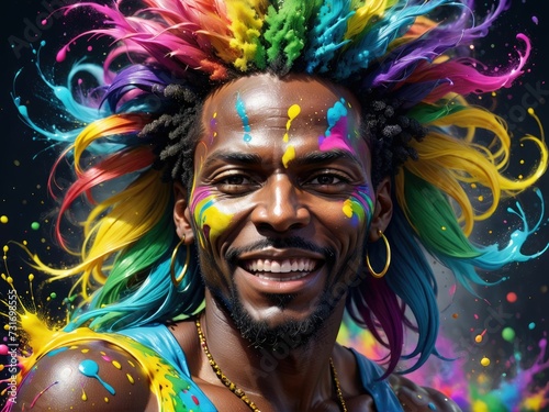 AI generated illustration of a male adult with vibrant multi-colored hair and face paint