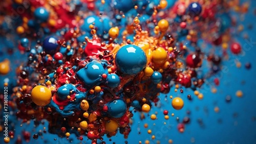Flying liquid, an explosion of colors on a blue background, multi-colored drops. Abstraction