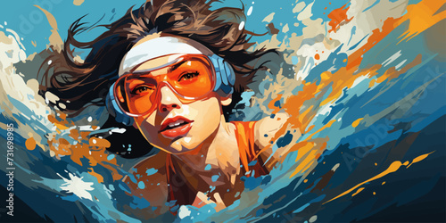 female swimming athlete is diving underwater in the swimming pool with the determination eyes vector flat bright colors